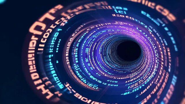 Abstract digital tunnel with swirling, vibrant code