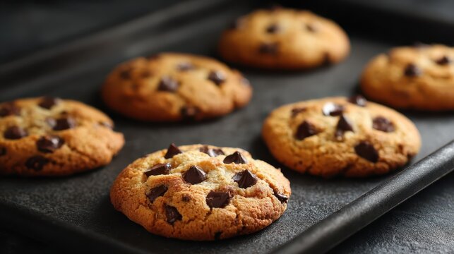 Soft, golden-brown chocolate chip cookies are cooling on a dark baking tray, filling the kitchen with a delightful aroma of fresh cookies. Perfect for snack time or dessert