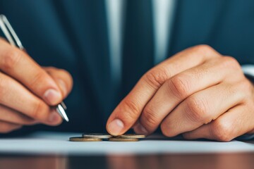 Fototapeta premium Businessman Writing Notes Next to Stacks of Coins on a Table