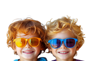 Two cheerful boys wear bright sunglasses, flashing joyful smiles under tousled, sunlit hair, isolated on a transparent background