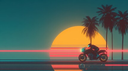 A motorcyclist speeds along a reflective road beneath a large, vibrant sunset. Palm trees frame the scene, enhancing the futuristic vibe of the environment