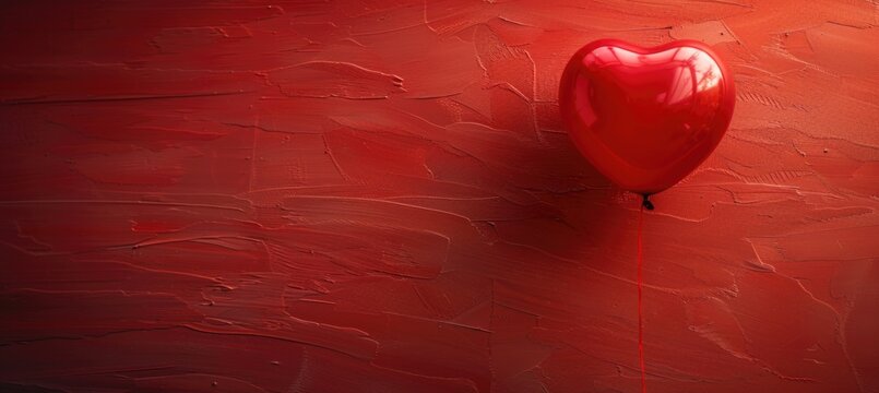 A striking heart-shaped red balloon floats gracefully against an artistic red background, evoking themes of love, celebration, and romance.