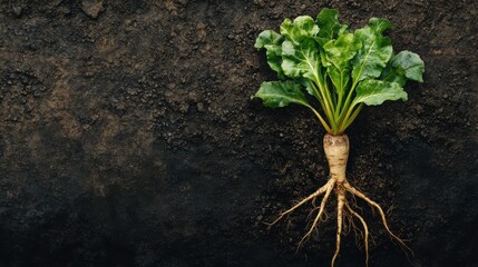Healthy Sugar Beet Root: A detailed shot of a sugar beet plant, showcasing its leafy green top and the root system embedded in the dark, rich soil of a cultivated field.
