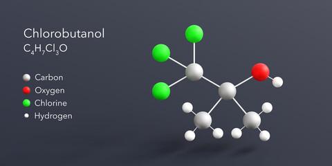 chlorobutanol molecule 3d rendering, flat molecular structure with chemical formula and atoms color coding