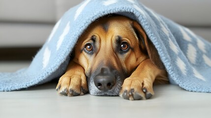 A brown dog with sad eyes lies under a light-blue blanket on a light-colored floor
