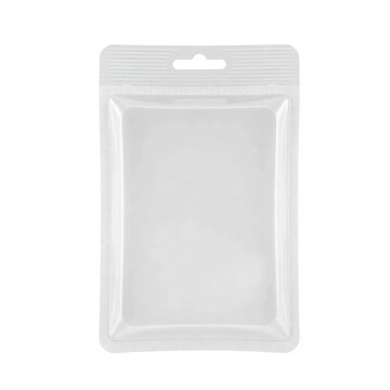 A blank plastic clamshell blister pack with a hang tab isolated on transparent background