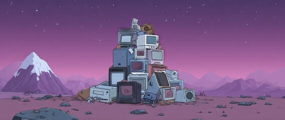 Naklejka premium A dreamscape of mountains and floating rocks set beneath a celestial canvas of stars