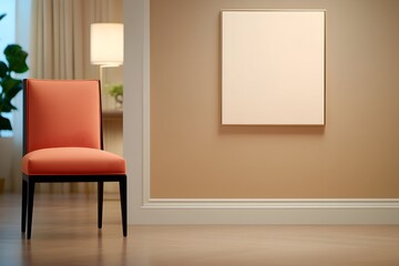 A coral armchair sits before a blank canvas on a muted beige wall in a softly lit room