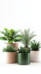 Obraz premium Assorted Potted Plants Displayed Against a Clean White Background, Eye-Level Studio Shot, Demonstrating Indoor Gardening and Home Decor