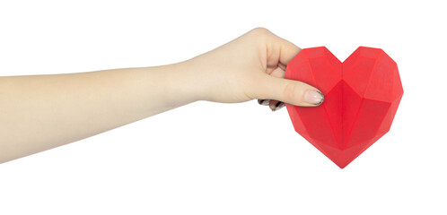 health, medicine and charity concept - closeup of outstretched female hand with red heart	