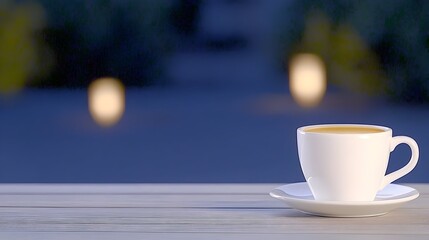 Obraz premium A white coffee cup sits on a saucer on a wooden table outdoors at night, illuminated by soft lights