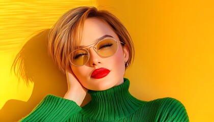 A woman with short blonde hair and red lips, wearing round sunglasses and a green turtleneck sweater, poses against a vibrant yellow background.  Sunlight casts a shadow