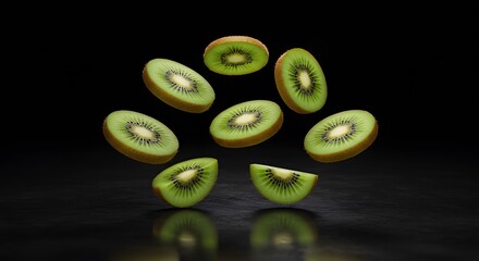 Levitating kiwi slices with realistic green pulp, soft hairy skin edge, and high contrast shadows on black background

