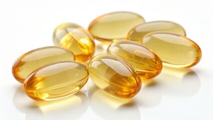 Golden Oil Capsules Close-up Composition of Seven Oval-Shaped Gel Pills, Health Supplement, Dietary, Omega-3 Omega-3, Supplements