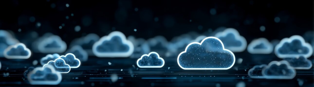 Digital cloud computing concept involves glowing technology icons and an intricate server data infrastructure for the purpose of storing data and delivering online services