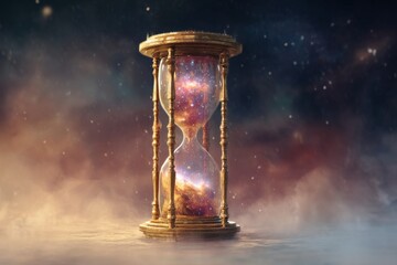 Inside an hourglass is a universe, and inside that universe, a galaxy exists, as represented in a digital illustration classified as Stock