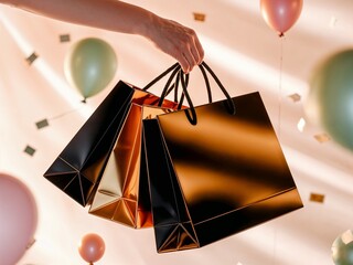 Hand holding paper shopping bags with bold black and gold design, Black Friday sale mood, clean studio setup 