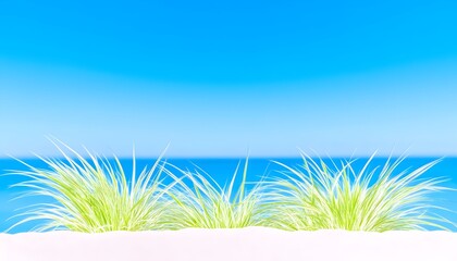 Obraz premium Lush green grass by a tranquil ocean under a vibrant blue sky