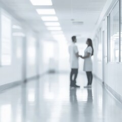 Fototapeta premium Two doctors holding hands in hospital hallway soft focus medical staff support healthcare workers perspective