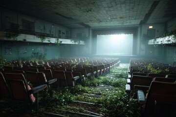 Imagines a forgotten stadium being reclaimed by nature, creating a surreal and dreamlike atmosphere