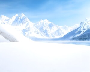 Naklejka premium Serene winter landscape featuring snow-covered plains extending to majestic, snow-capped mountains under a clear blue sky