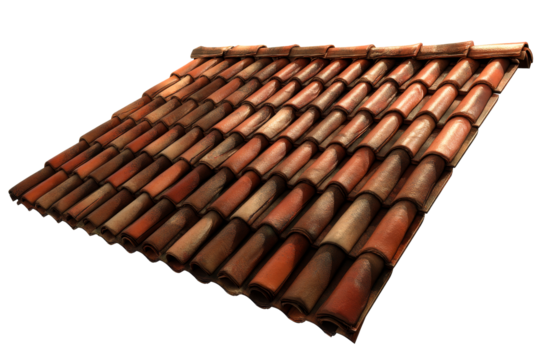 Clay roof tiles in rustic design with transparent background