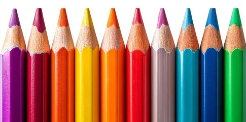 A panoramic transparent background serves as the setting for a row of wooden pencils in a multitude of colors, illustrating the concept of back to school and arts for use in a web banner as a png