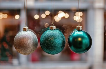 Elegant Christmas Ornaments in Silver and Teal with Bokeh Background