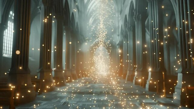 This Glowing particles fill the air within a modern cathedral, enhancing the sacred space's ambiance.