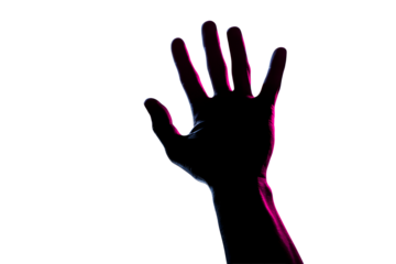 Hand reaching out with colorful light on a transparent background