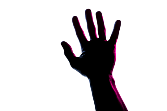 Hand reaching out with colorful light on a transparent background