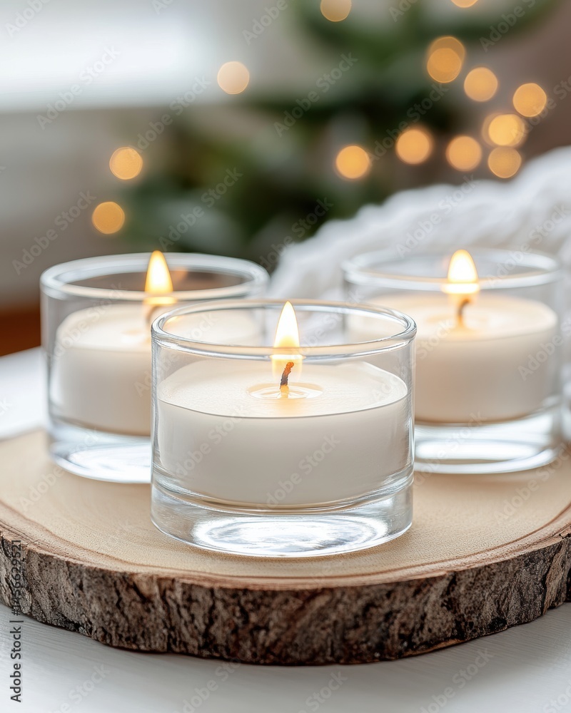 Aufkleber three candles in glass holders on a wooden slice with bokeh lights in the background