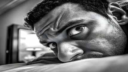 in bed with messy sheets and dark circles under eyes reflecting sleepless nights