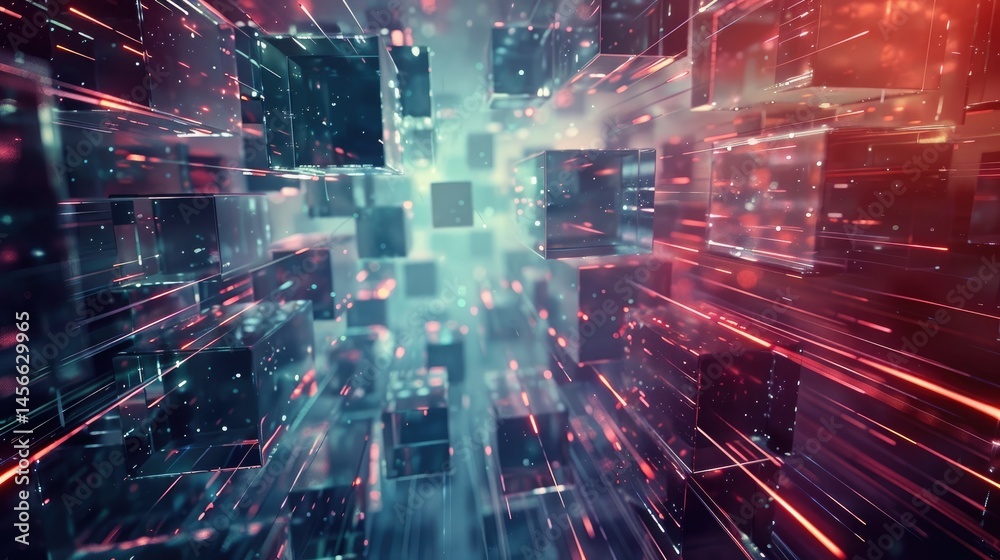 Poster this abstract image represents a dynamic stream of data cubes moving through a colorful, energetic s