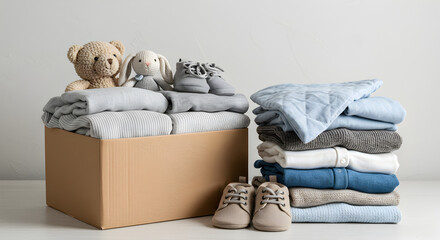 Donation Box Overflowing with Baby Clothes Stuffed Animals and Shoes on White Tabletop