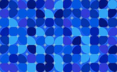 Geometric pattern featuring a harmonious blend of circles and curves in various shades of blue. Interspersed with white plus signs. This visually striking design is perfect for backgrounds.