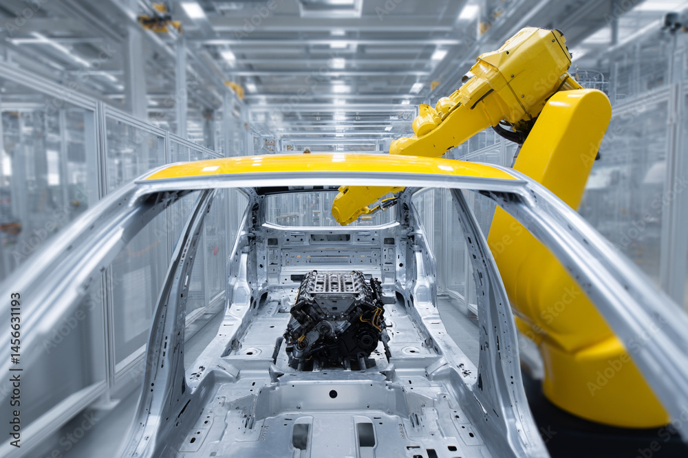 Poster Yellow robotic arm installing engine into silver car frame in modern automotive factory, showcasing advanced technology and precision engineering