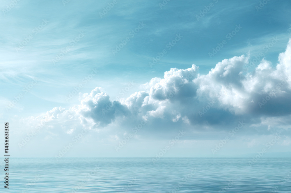 Poster soft billowy clouds float above peaceful sea, creating tranquil and serene atmosphere with gentle bl