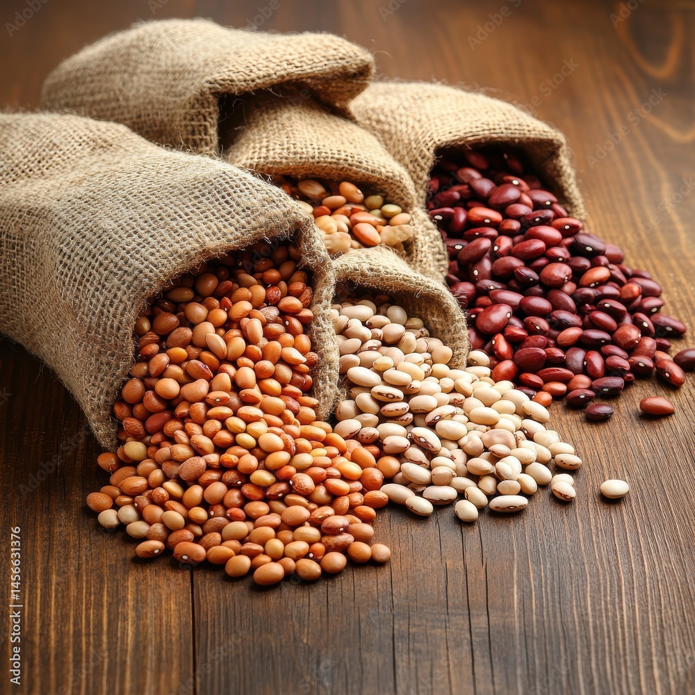 Poster assorted beans overflowing from burlap sacks on rustic wood tabletop close up still life food photog