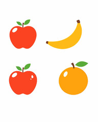 A set of stylized fruit icons (apple, banana, orange) in a playful, hand-drawn vector style.