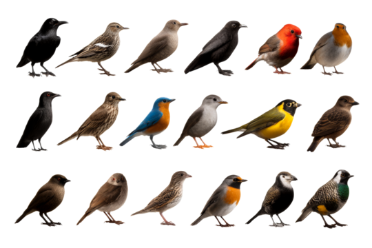 Various bird species on a transparent background for identification