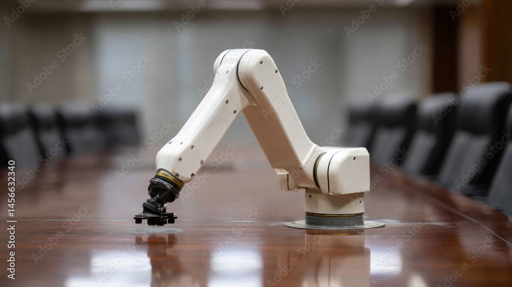 Poster robotic arm cleaning polished conference table modern technology in office automation innovation eff