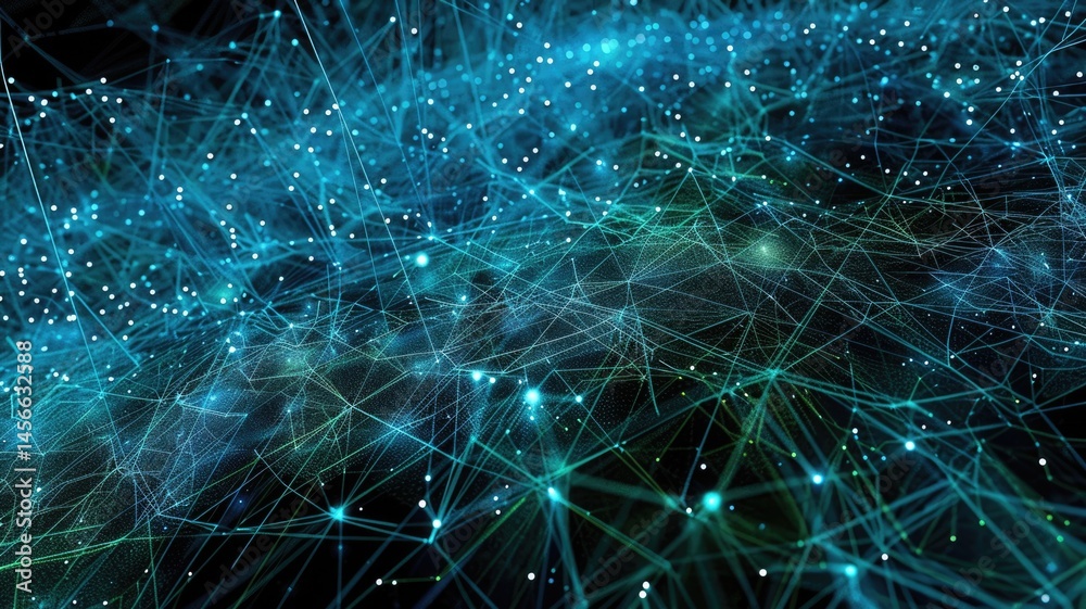 Poster explore an abstract representation of data visualization featuring interconnected lines and particle