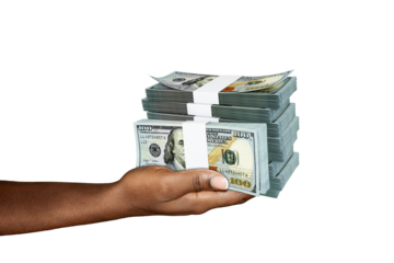 Hand Holding 3D rendering of stacks of 100 US dollar notes isolated on transparent background