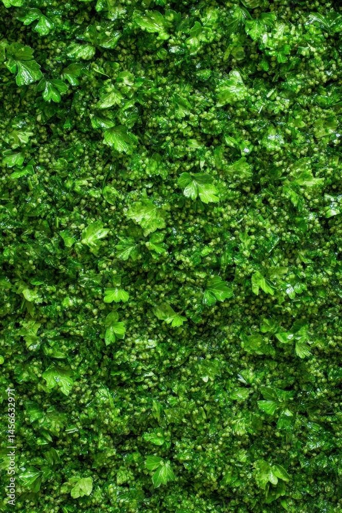 Poster overhead shot of finely chopped parsley and whole leaves creating a green texture background for cul