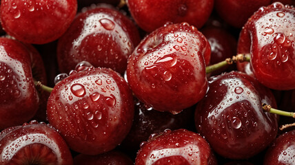 Close-up of fresh cherries with water drops
