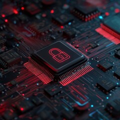 Obraz premium Motherboard of the future featuring digital circuits and a luminous security lock, symbolizing cutting-edge cybersecurity and data safeguarding
