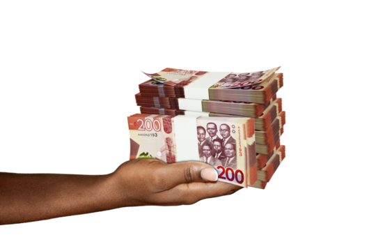 Hand Holding 3D rendering of stacks of 200 Ghanaian cedi notes isolated on transparent background