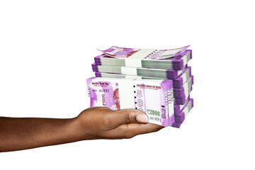 Hand Holding 3D rendering of stacks of 2000 Indian rupee notes isolated on transparent background