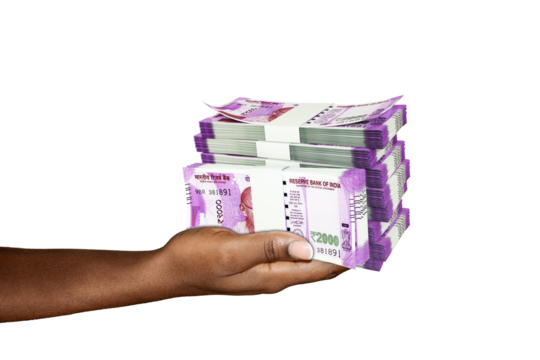 Hand Holding 3D rendering of stacks of 2000 Indian rupee notes isolated on transparent background - Powered by Adobe